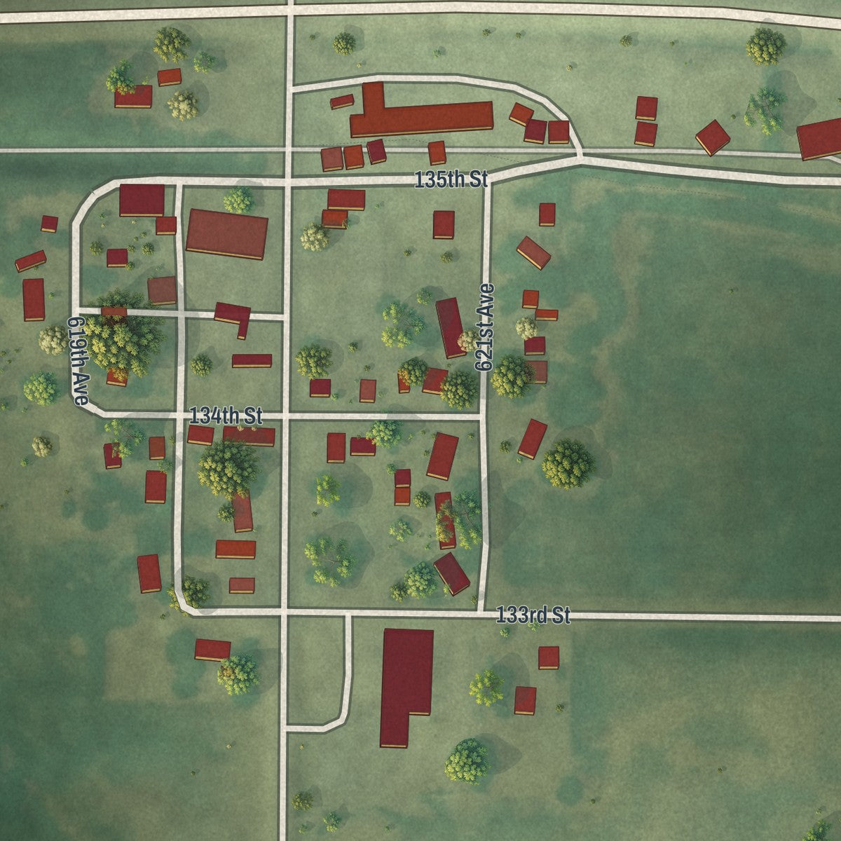 Close-up of the map of Cedar Mills, Minnesota print showing street and building detail