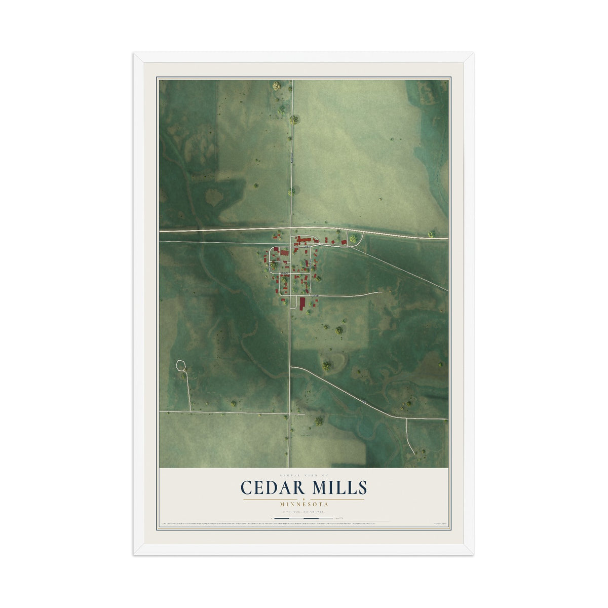 Map of Cedar Mills, Minnesota, 12 x 18 inch print in a white wood frame