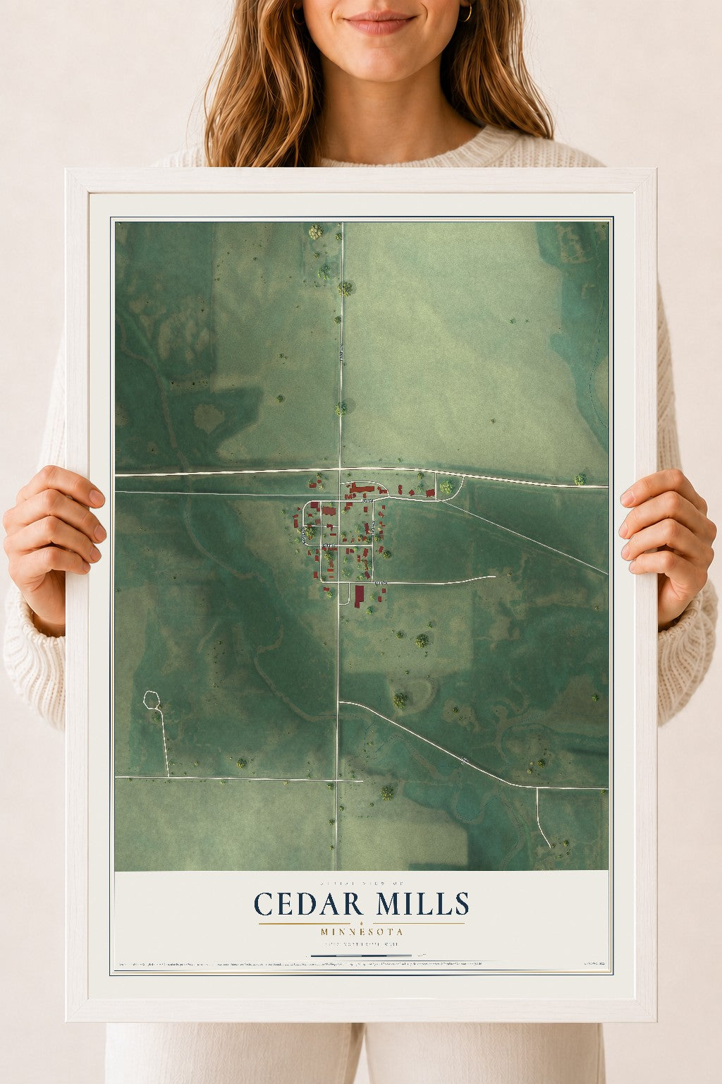Map of Cedar Mills, Minnesota, 18 x 24 inch print in a white wood frame