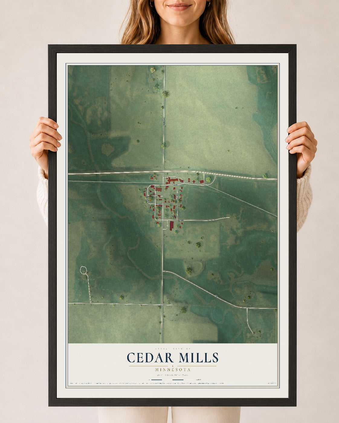 Map of Cedar Mills, Minnesota, 24 x 36 inch print in a black wood frame