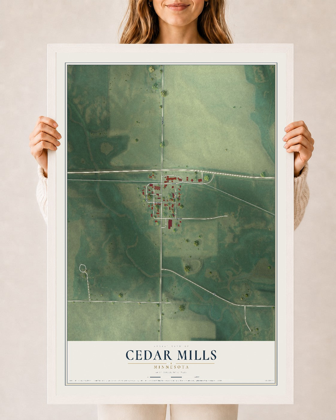 Map of Cedar Mills, Minnesota, 24 x 36 inch print in a white wood frame