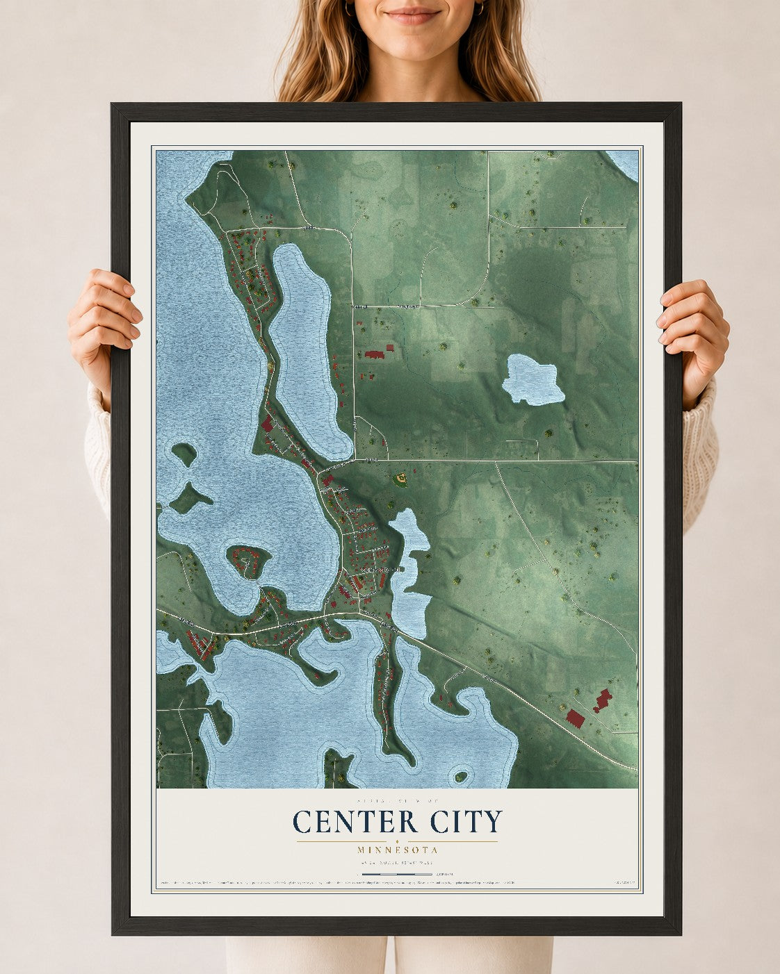 Map of Center City, Minnesota, 24 x 36 inch print in a black wood frame