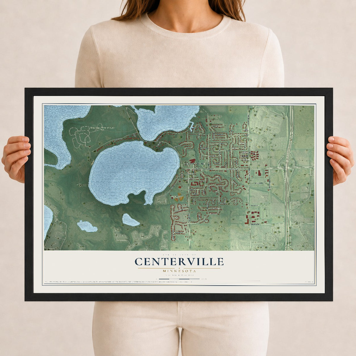 Map of Centerville, Minnesota, 12 x 18 inch print in a black wood frame