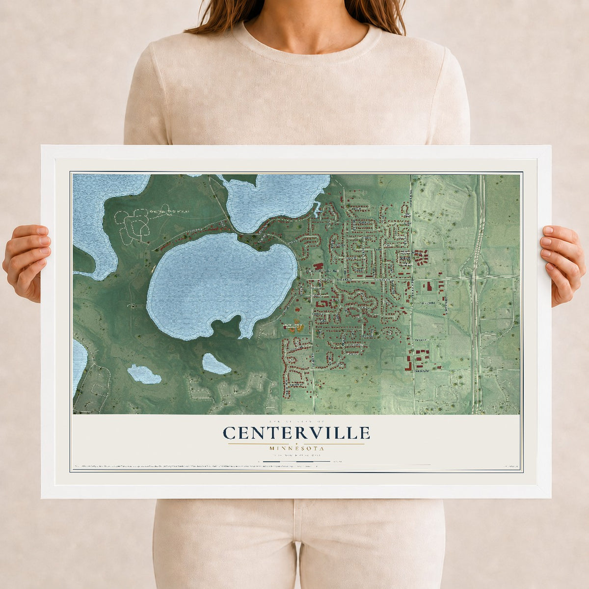 Map of Centerville, Minnesota, 12 x 18 inch print in a white wood frame