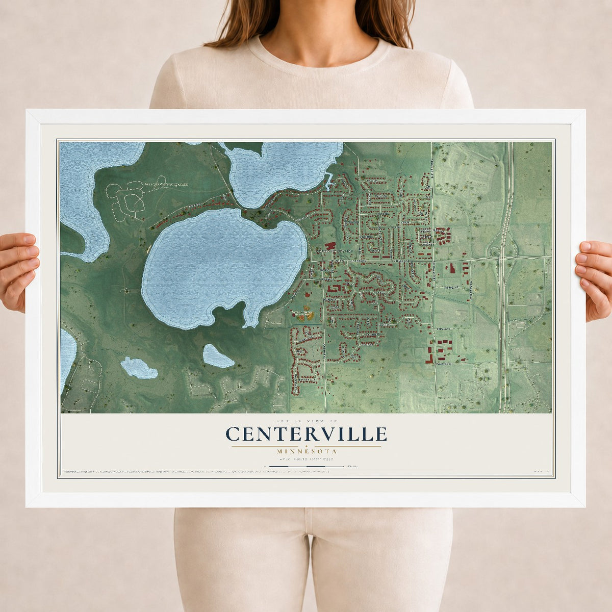 Map of Centerville, Minnesota, 18 x 24 inch print in a white wood frame