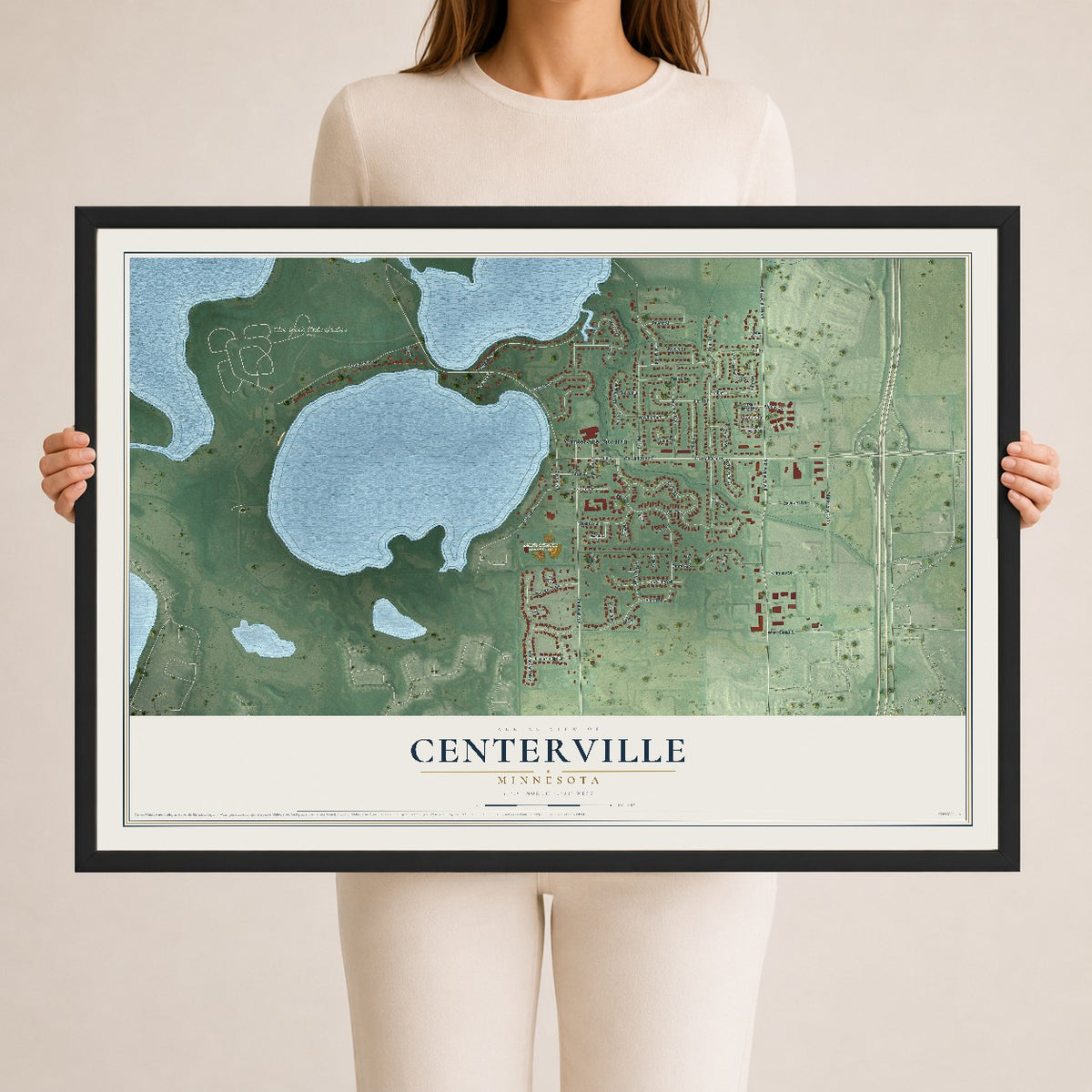 Map of Centerville, Minnesota, 24 x 36 inch print in a black wood frame