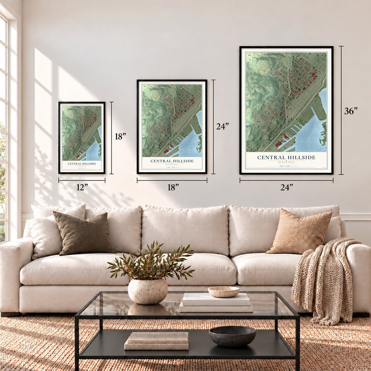 Central Hillside, Minnesota map in 12 x 18, 18 x 24 and 24 x 36 inch sizes above a sofa