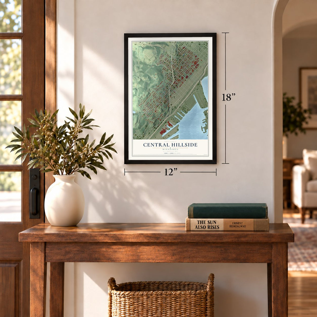 Central Hillside, Minnesota map, 12 x 18 inch print in a black frame in an entryway