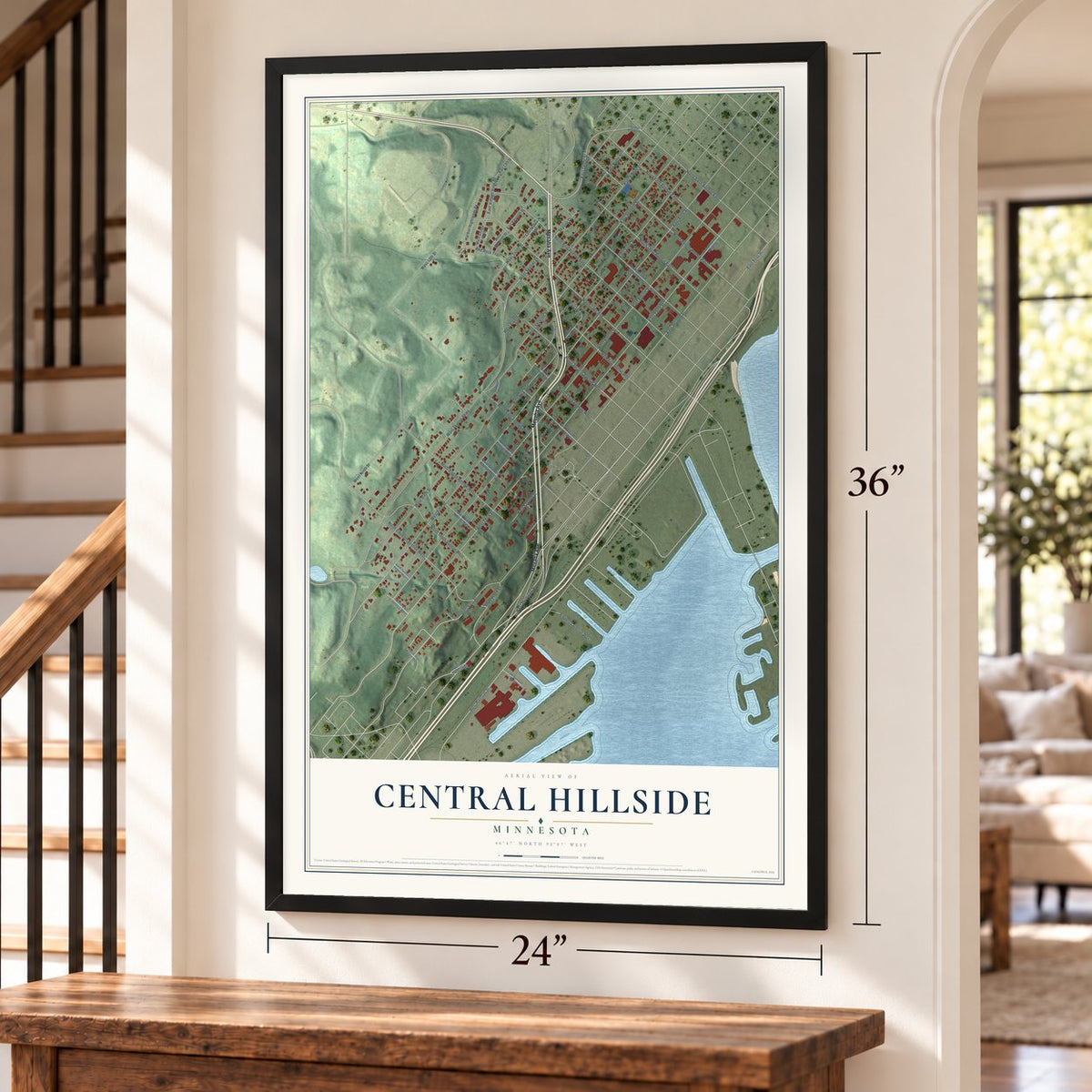 Central Hillside, Minnesota map, 24 x 36 inch print in a black frame by a staircase