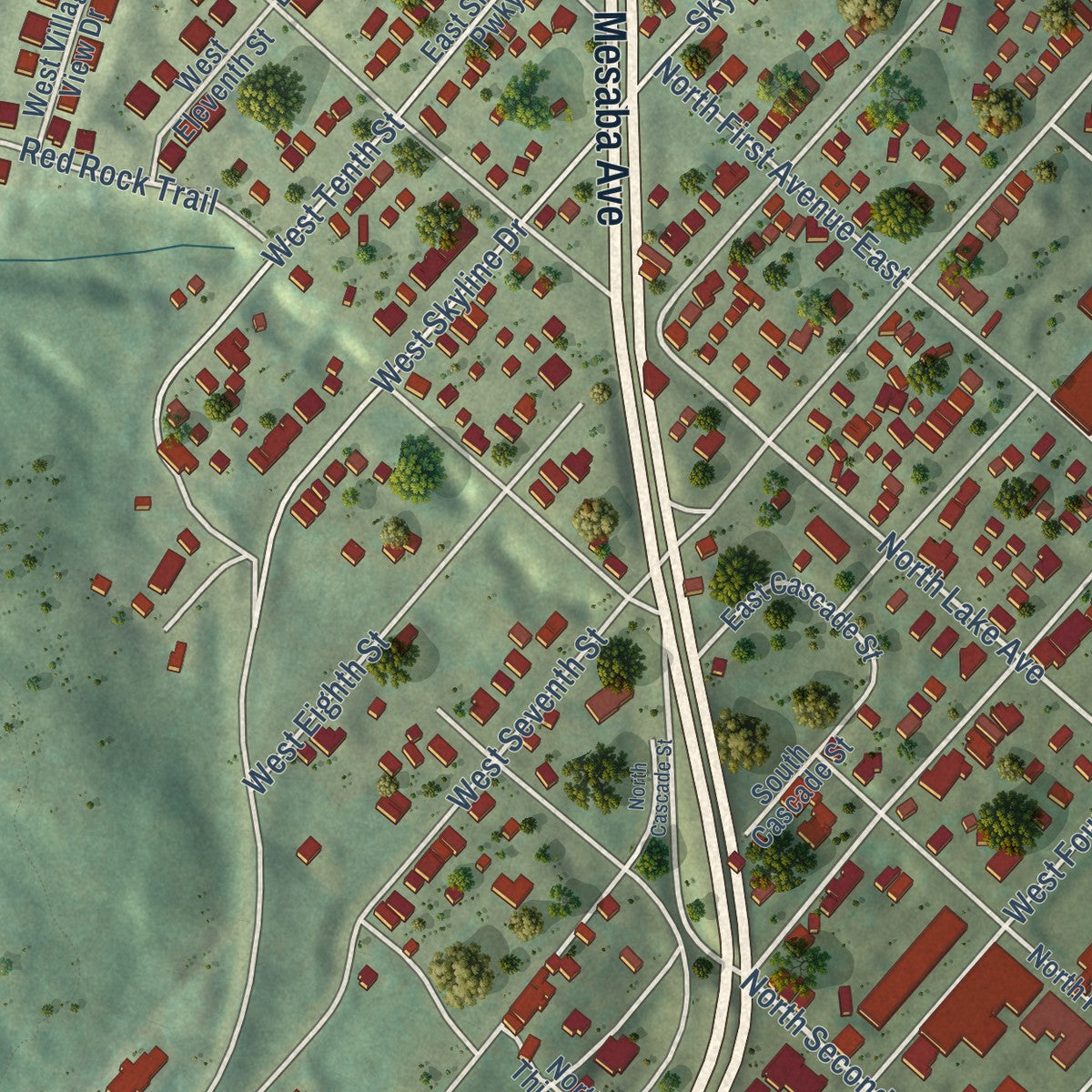 Close-up of the map of Central Hillside, Minnesota print showing street and building detail