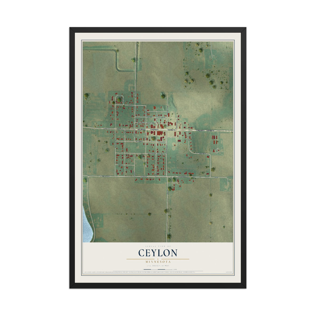 Map of Ceylon, Minnesota, 12 x 18 inch print in a black wood frame