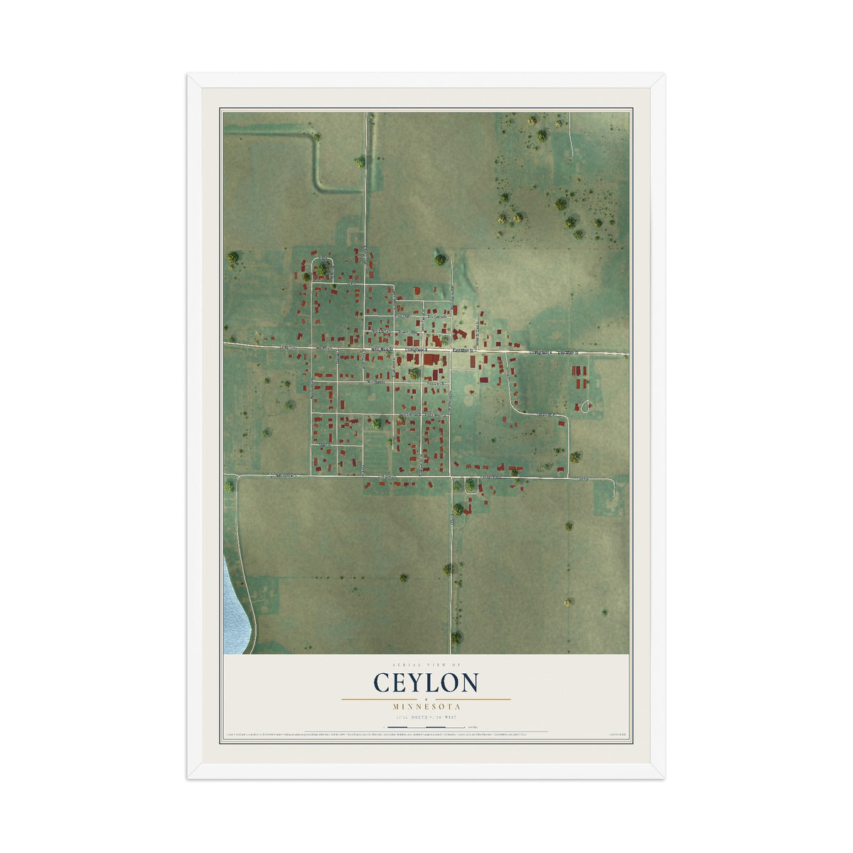 Map of Ceylon, Minnesota, 12 x 18 inch print in a white wood frame