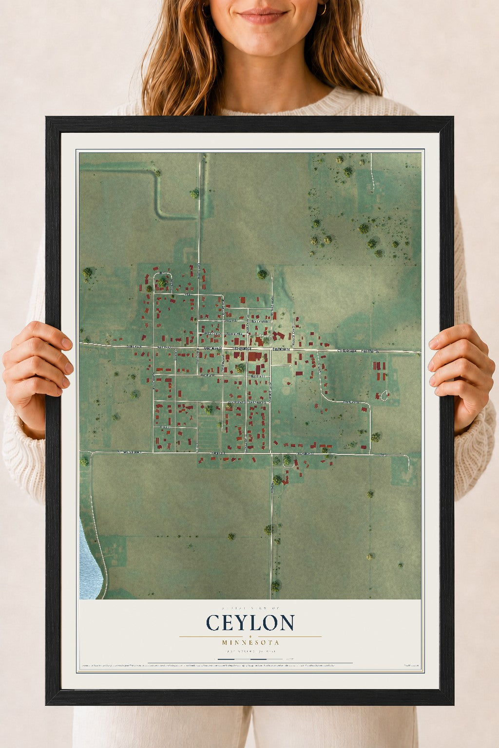 Map of Ceylon, Minnesota, 18 x 24 inch print in a black wood frame