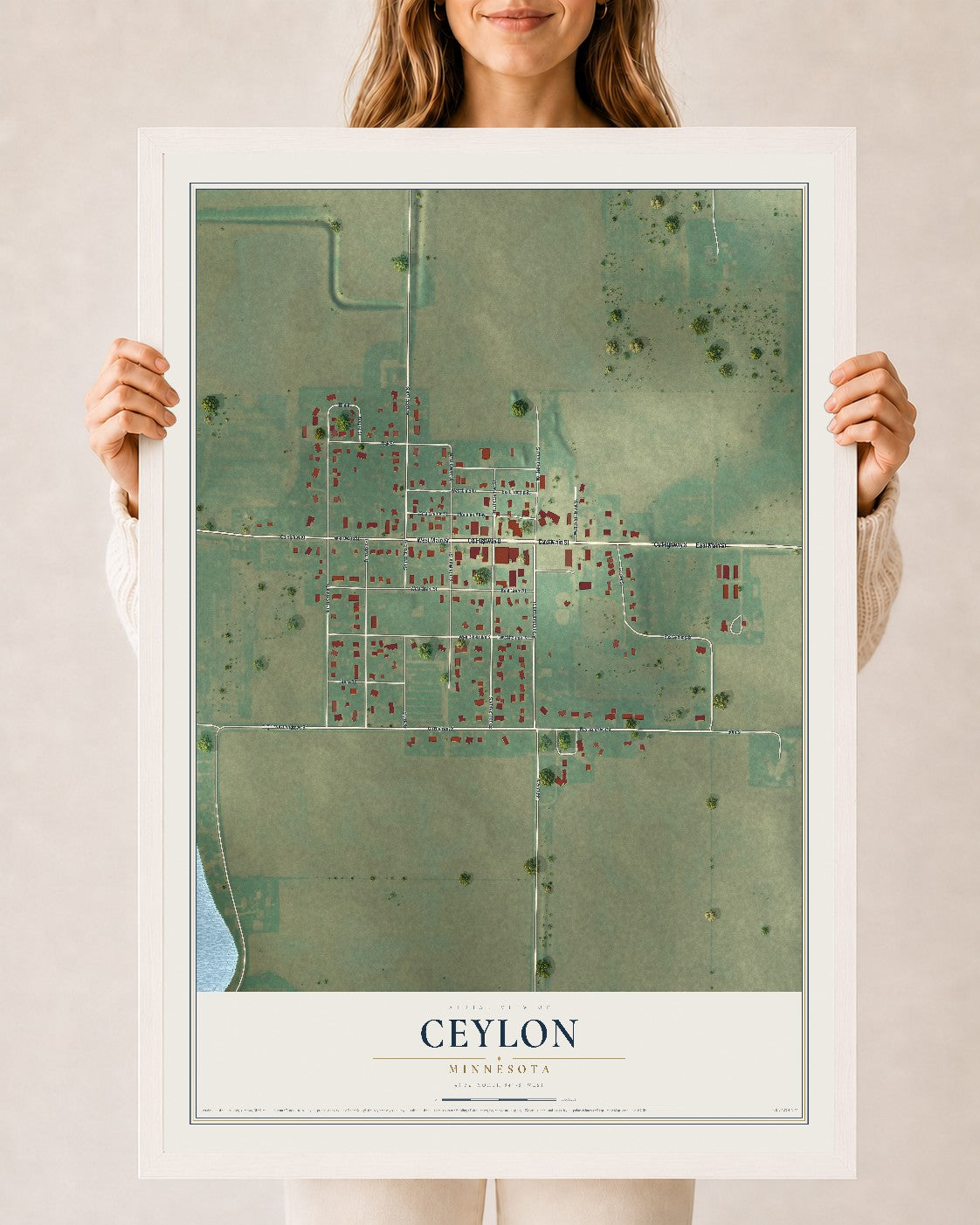 Map of Ceylon, Minnesota, 24 x 36 inch print in a white wood frame