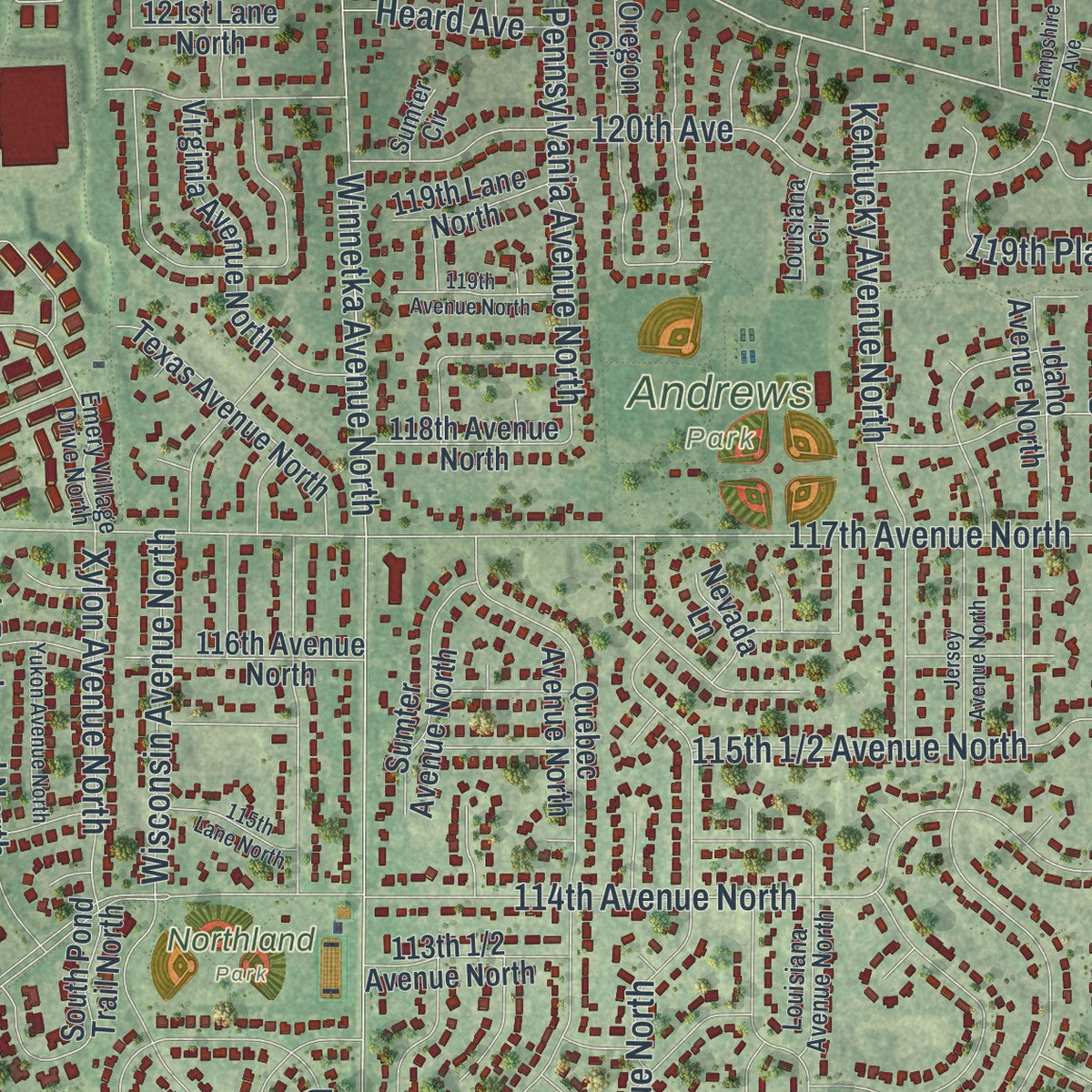 Close-up of the map of Champlin, Minnesota print showing street and building detail