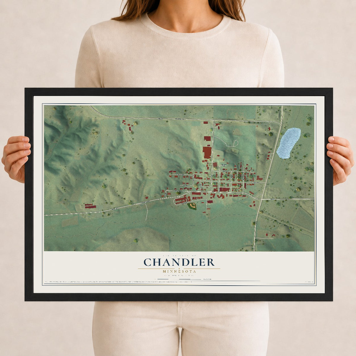 Map of Chandler, Minnesota, 12 x 18 inch print in a black wood frame