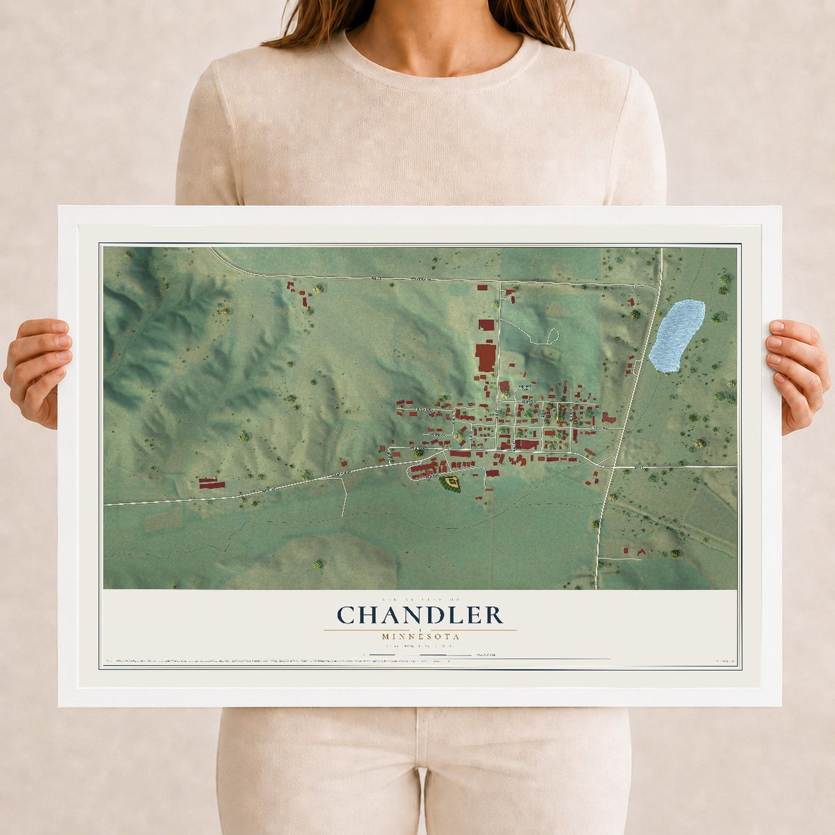 Map of Chandler, Minnesota, 12 x 18 inch print in a white wood frame
