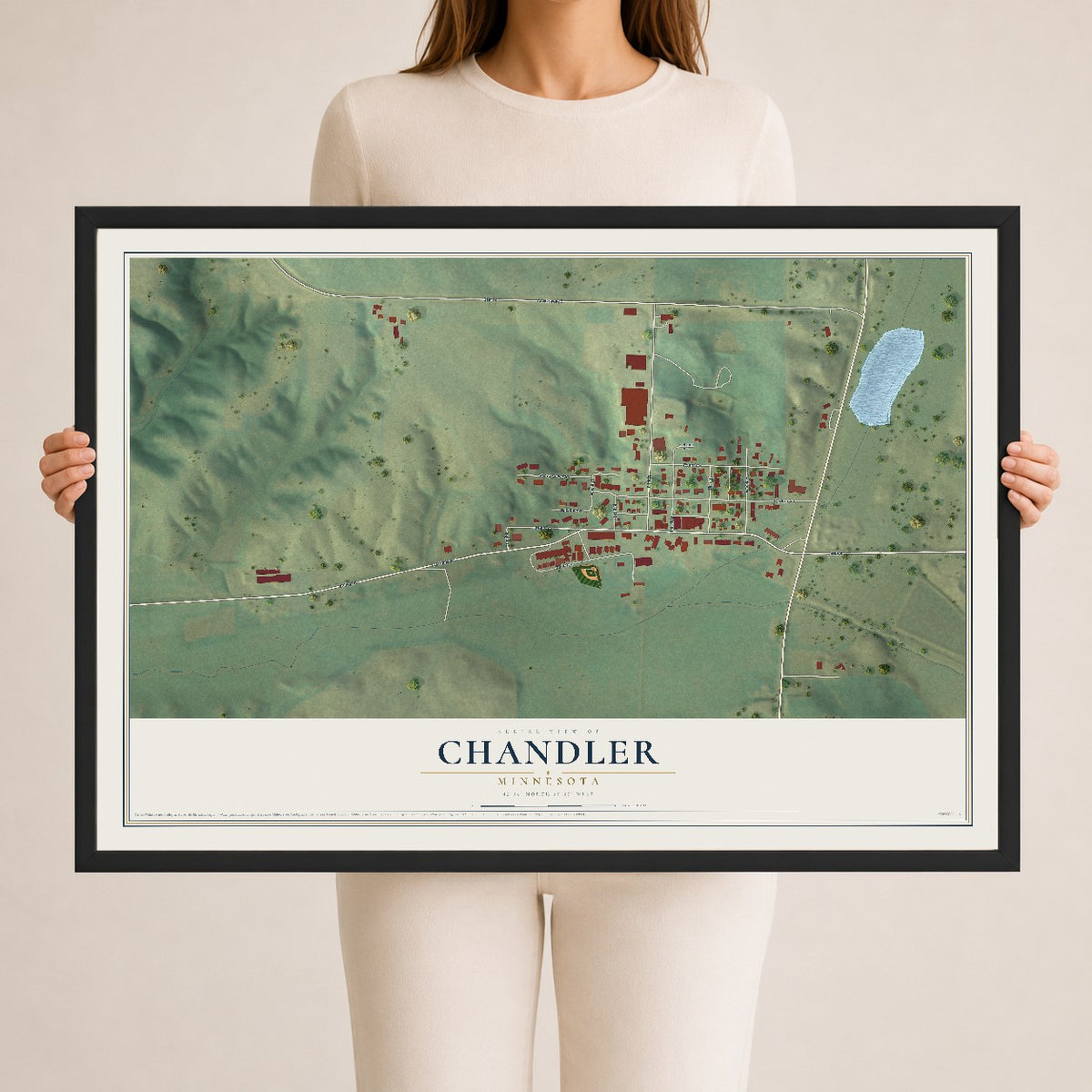 Map of Chandler, Minnesota, 24 x 36 inch print in a black wood frame