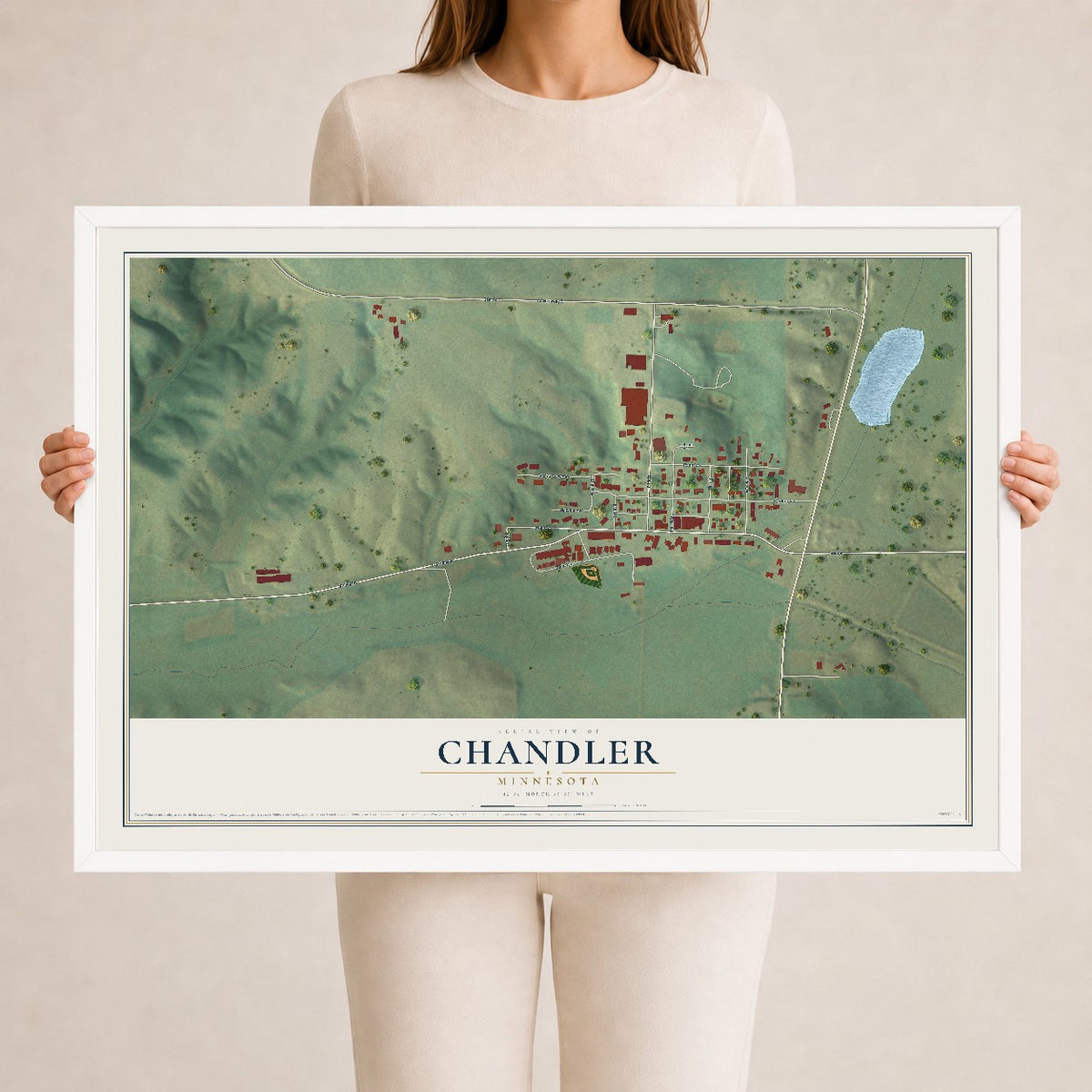 Map of Chandler, Minnesota, 24 x 36 inch print in a white wood frame