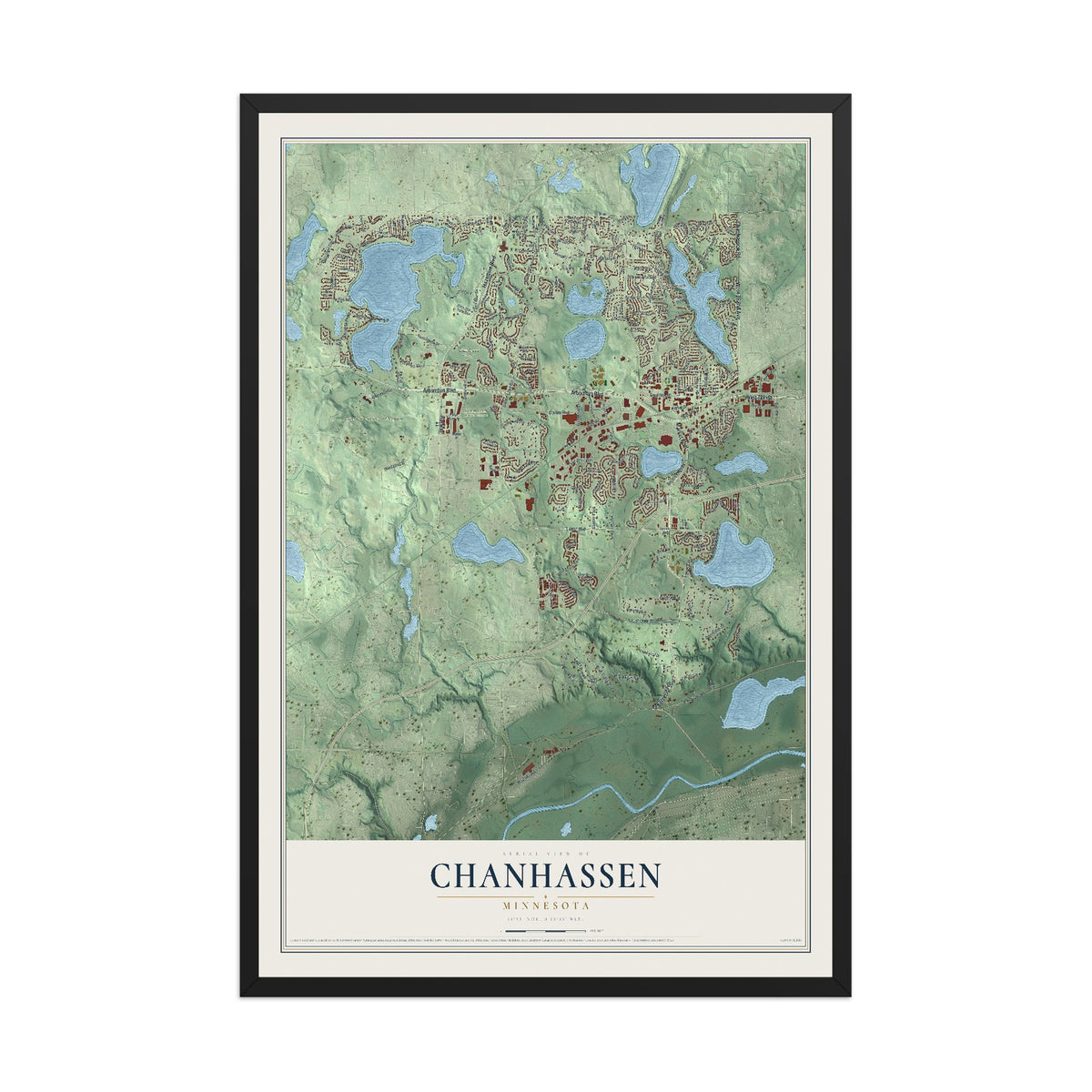 Map of Chanhassen, Minnesota, 12 x 18 inch print in a black wood frame