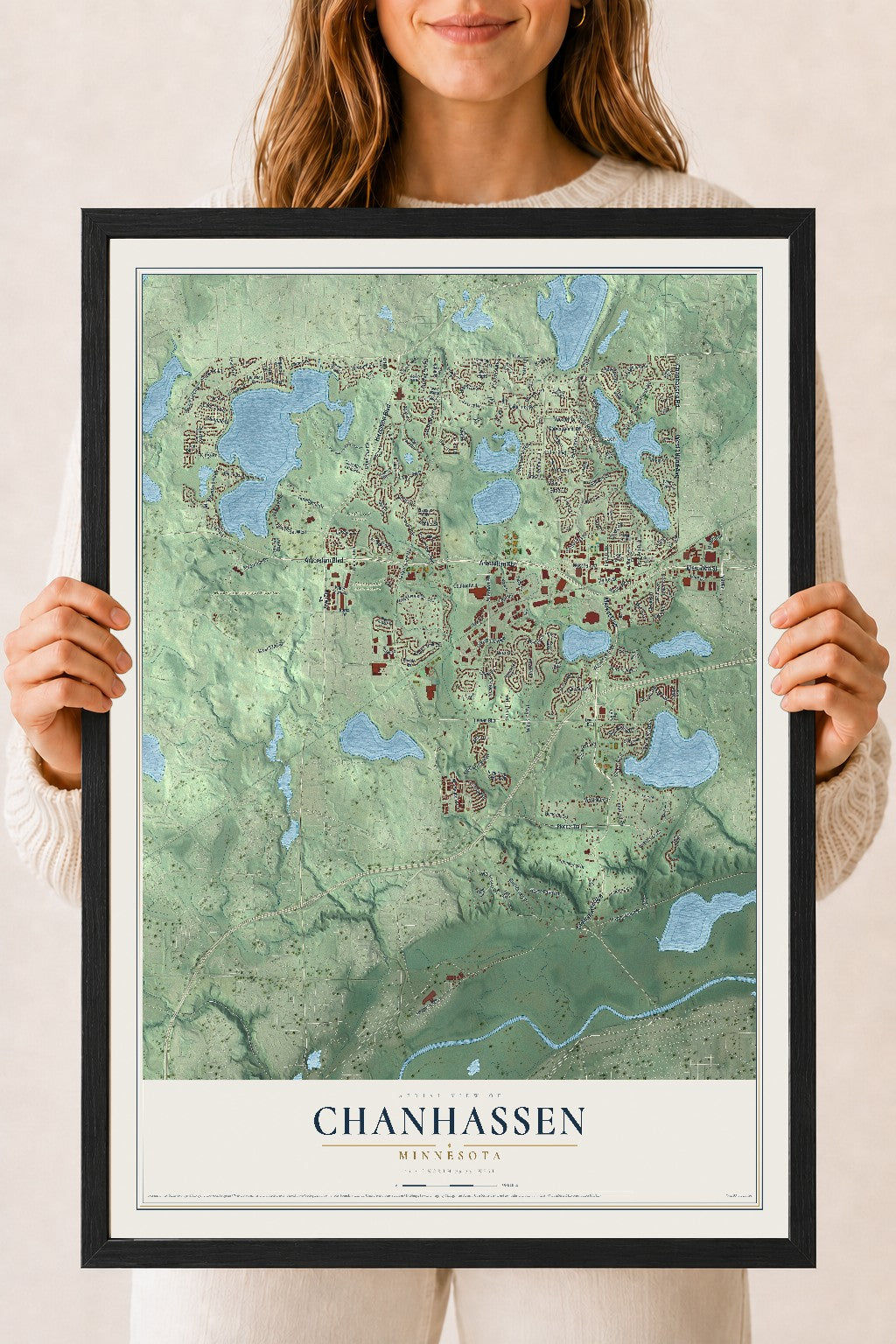 Map of Chanhassen, Minnesota, 18 x 24 inch print in a black wood frame