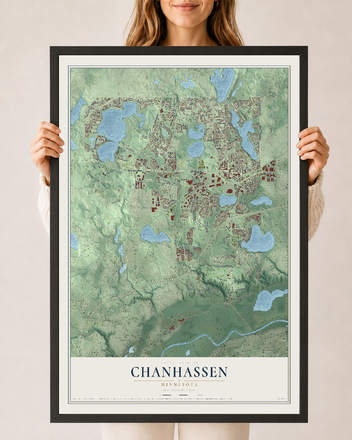 Map of Chanhassen, Minnesota, 24 x 36 inch print in a black wood frame