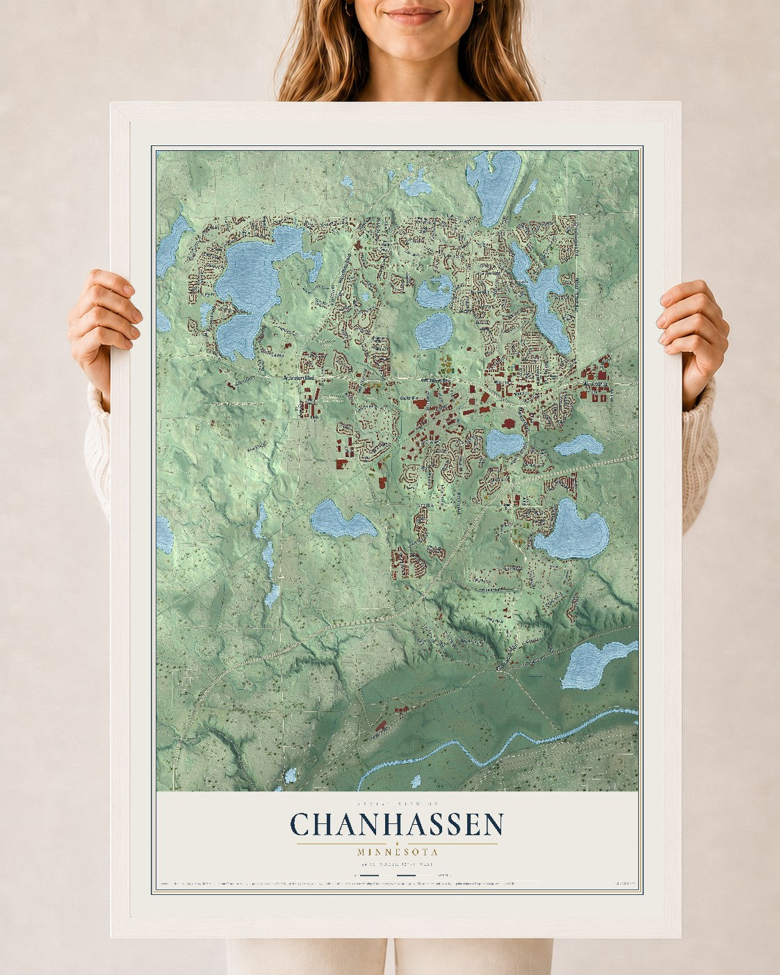 Map of Chanhassen, Minnesota, 24 x 36 inch print in a white wood frame