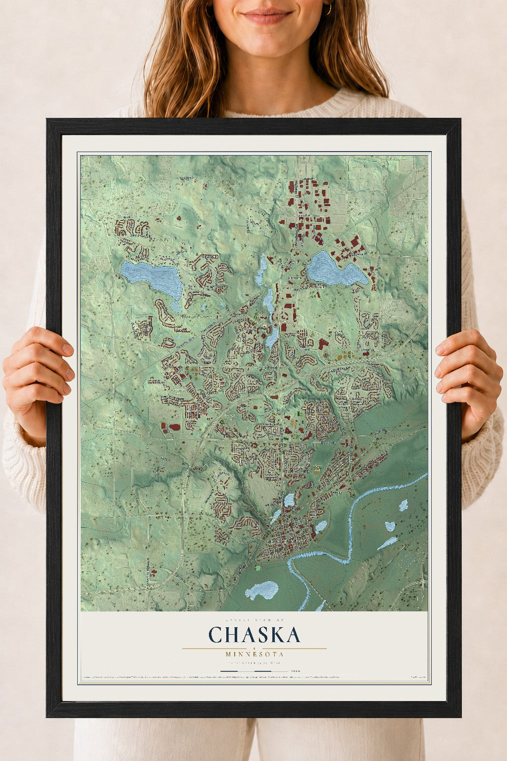 Map of Chaska, Minnesota, 18 x 24 inch print in a black wood frame