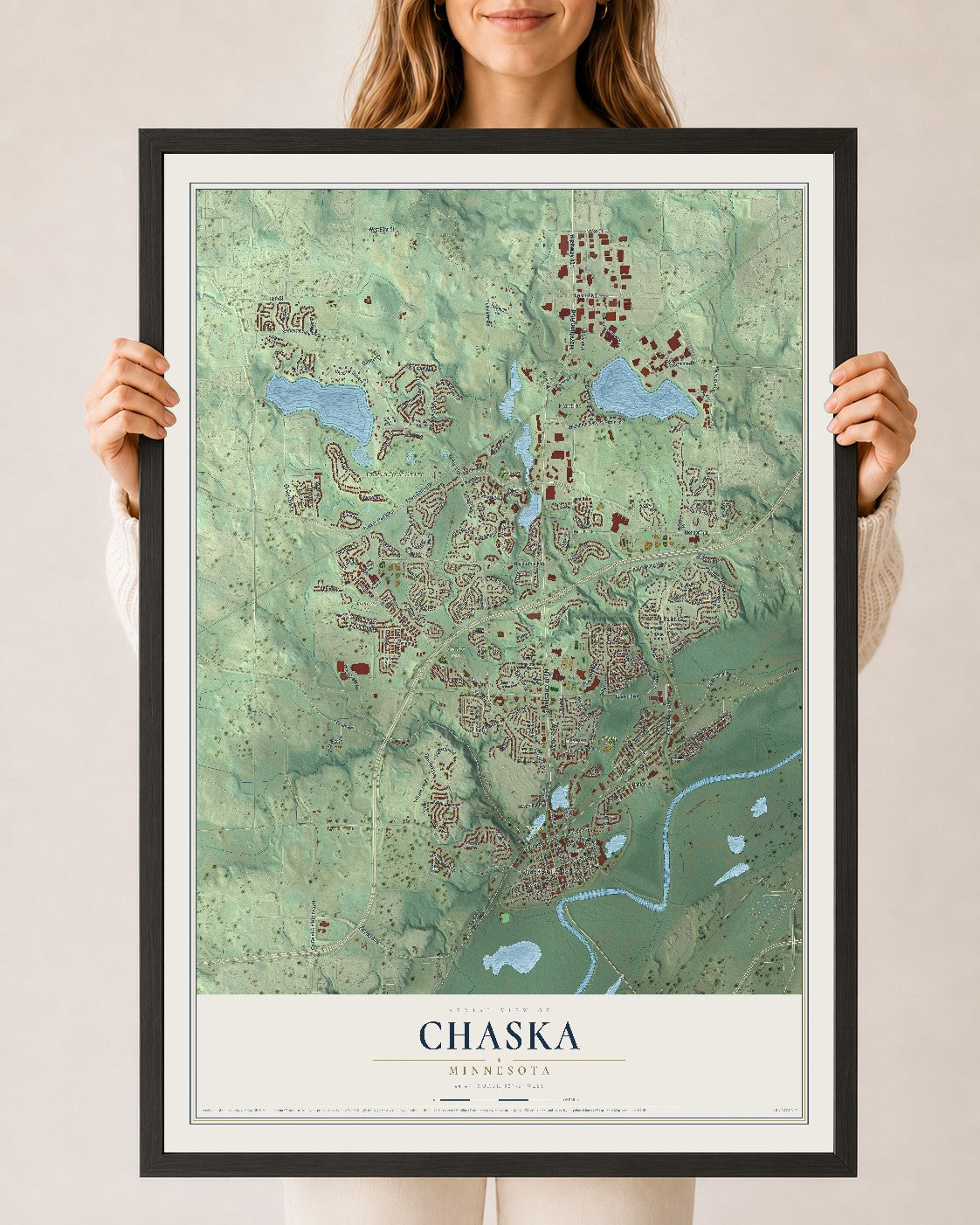 Map of Chaska, Minnesota, 24 x 36 inch print in a black wood frame
