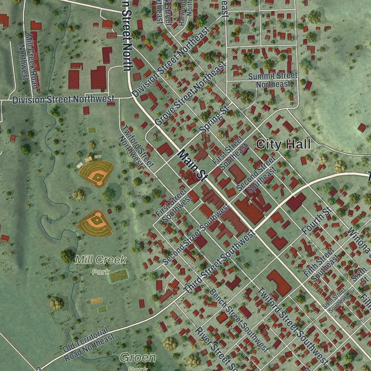 Close-up of the map of Chatfield, Minnesota print showing street and building detail