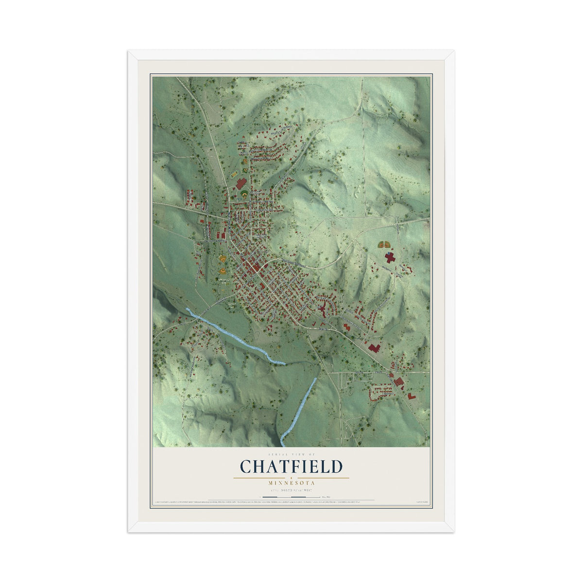 Map of Chatfield, Minnesota, 12 x 18 inch print in a white wood frame