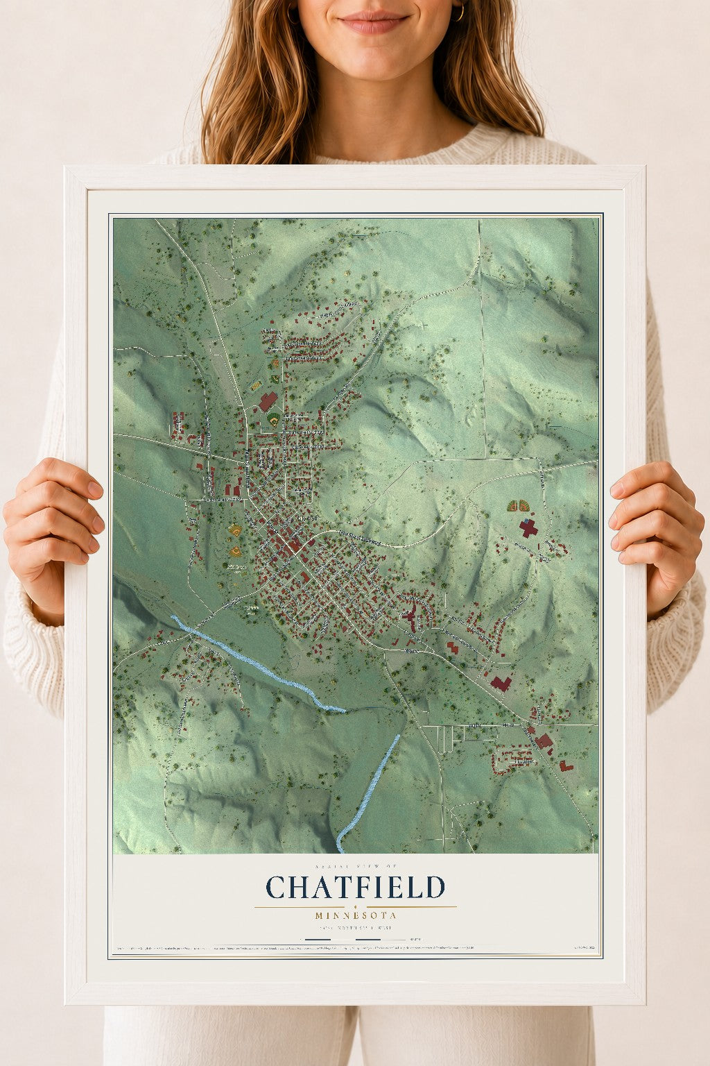 Map of Chatfield, Minnesota, 18 x 24 inch print in a white wood frame