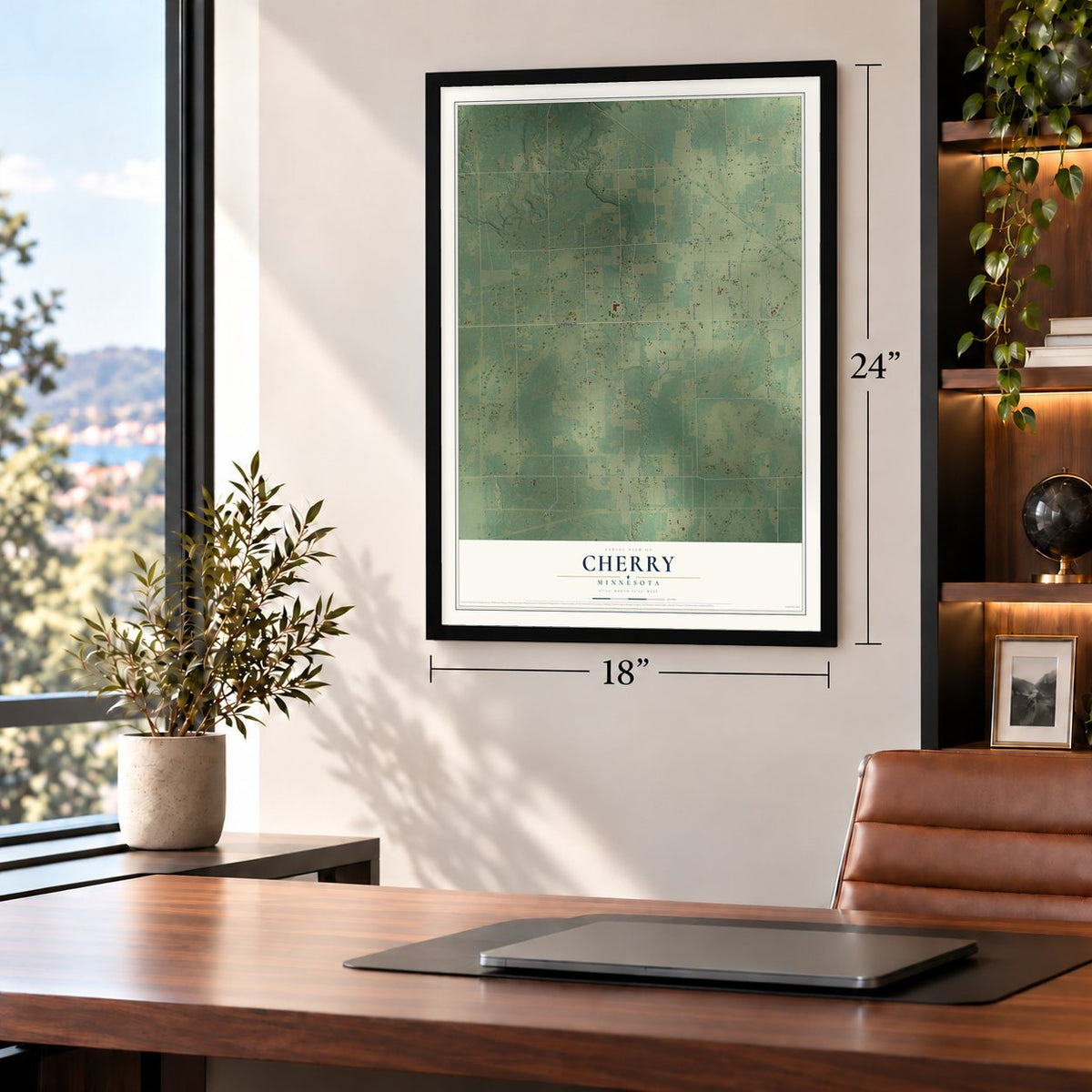 Cherry, Minnesota map, 18 x 24 inch print in a black frame in a home office