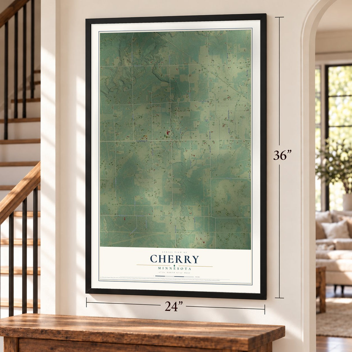 Cherry, Minnesota map, 24 x 36 inch print in a black frame by a staircase