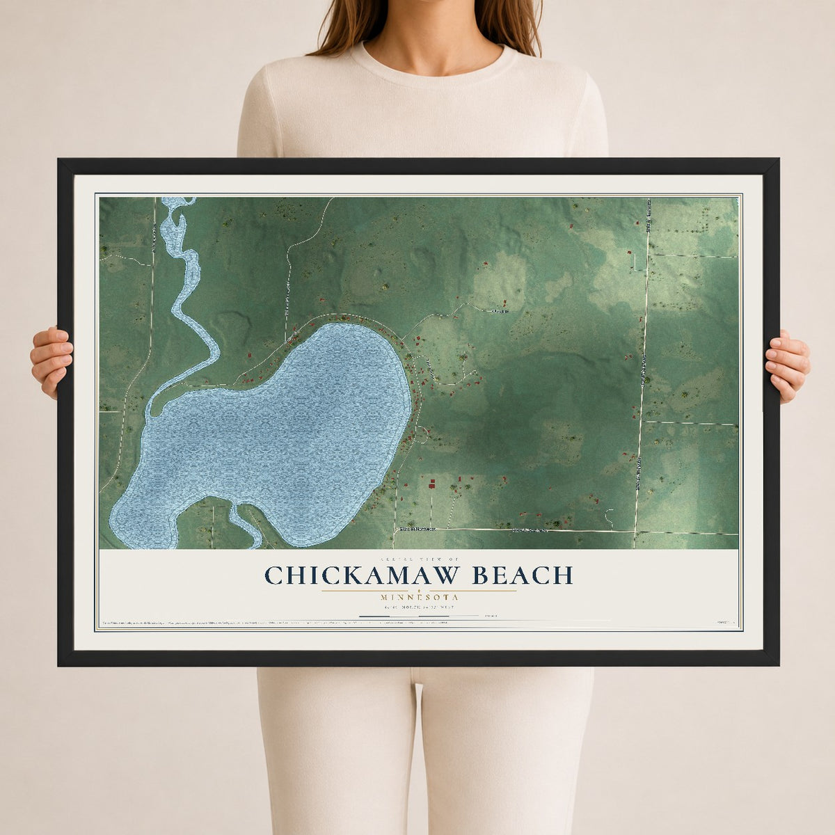 Map of Chickamaw Beach, Minnesota, 24 x 36 inch print in a black wood frame