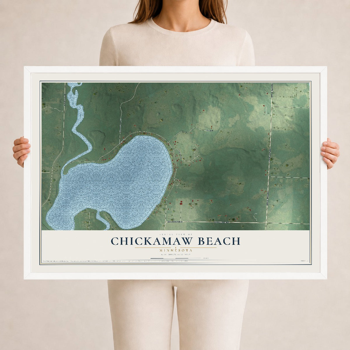 Map of Chickamaw Beach, Minnesota, 24 x 36 inch print in a white wood frame