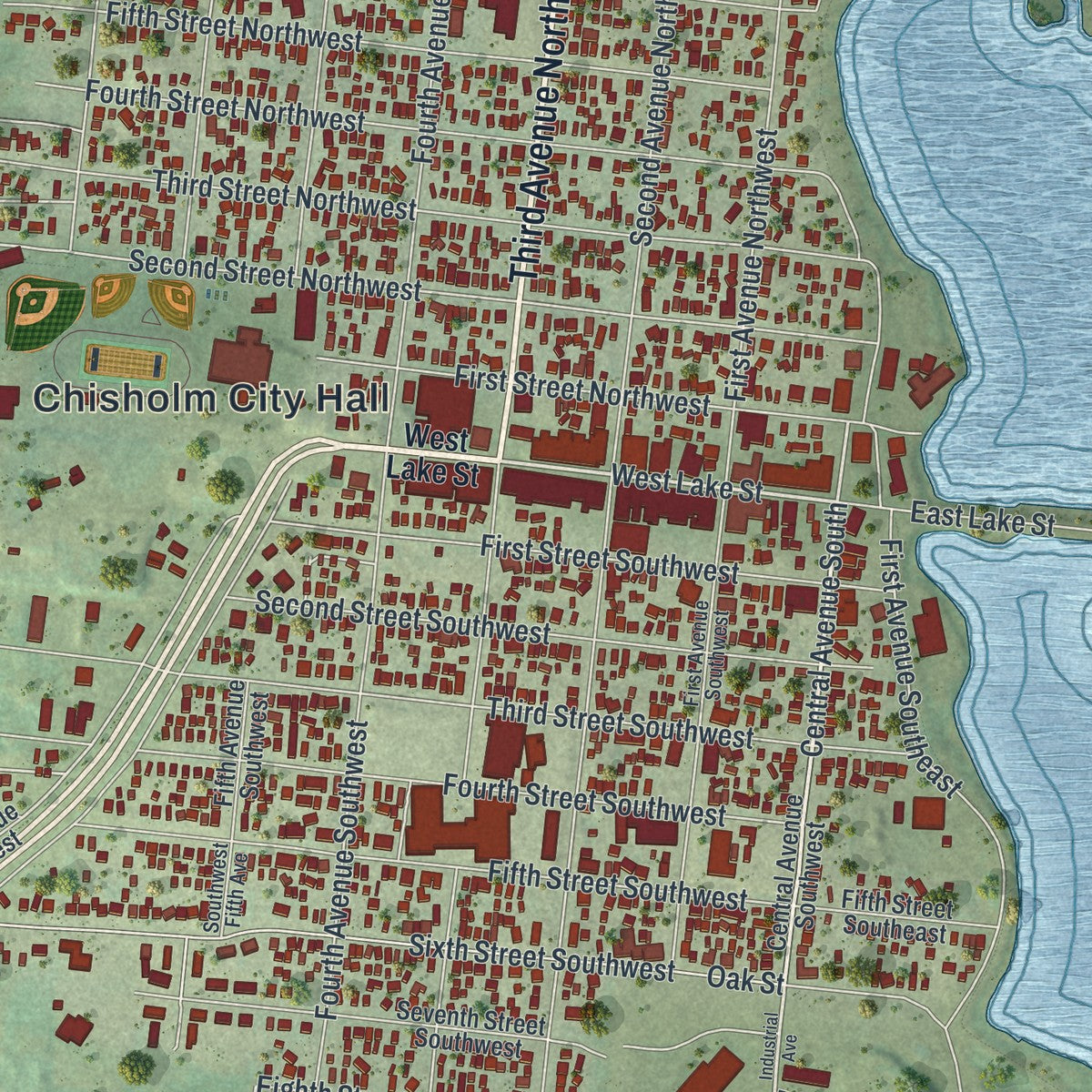 Close-up of the map of Chisholm, Minnesota print showing street and building detail