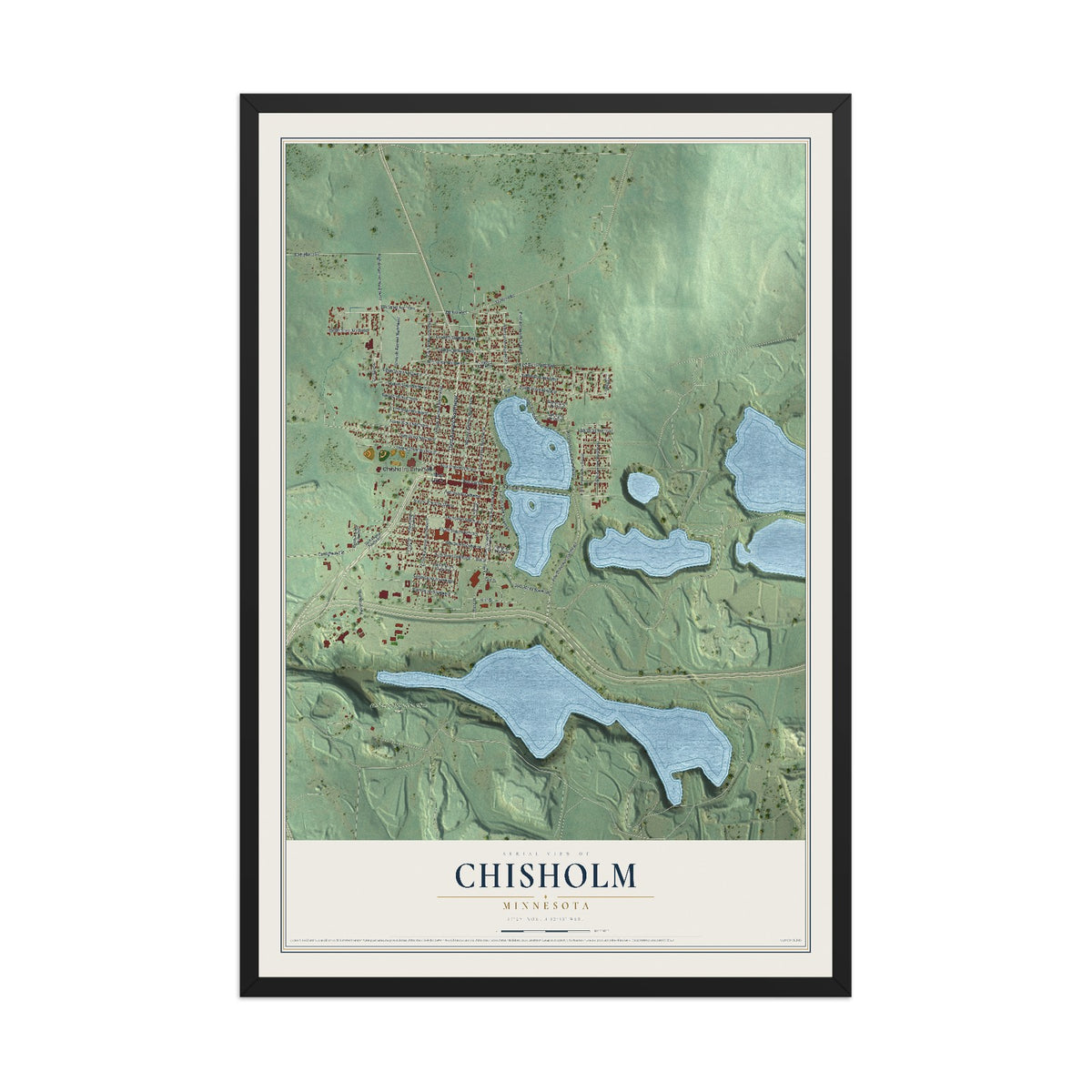 Map of Chisholm, Minnesota, 12 x 18 inch print in a black wood frame