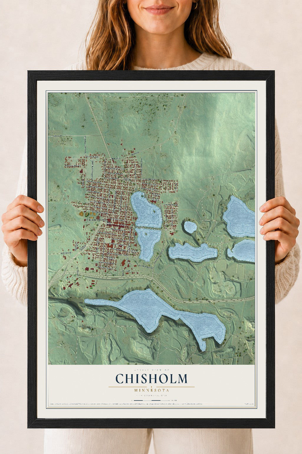 Map of Chisholm, Minnesota, 18 x 24 inch print in a black wood frame