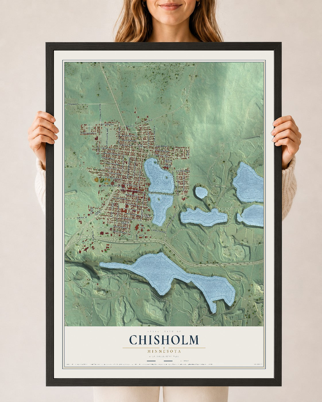 Map of Chisholm, Minnesota, 24 x 36 inch print in a black wood frame