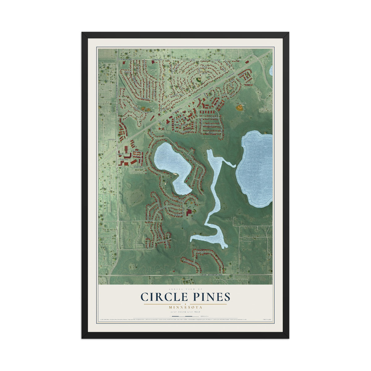 Map of Circle Pines, Minnesota, 12 x 18 inch print in a black wood frame