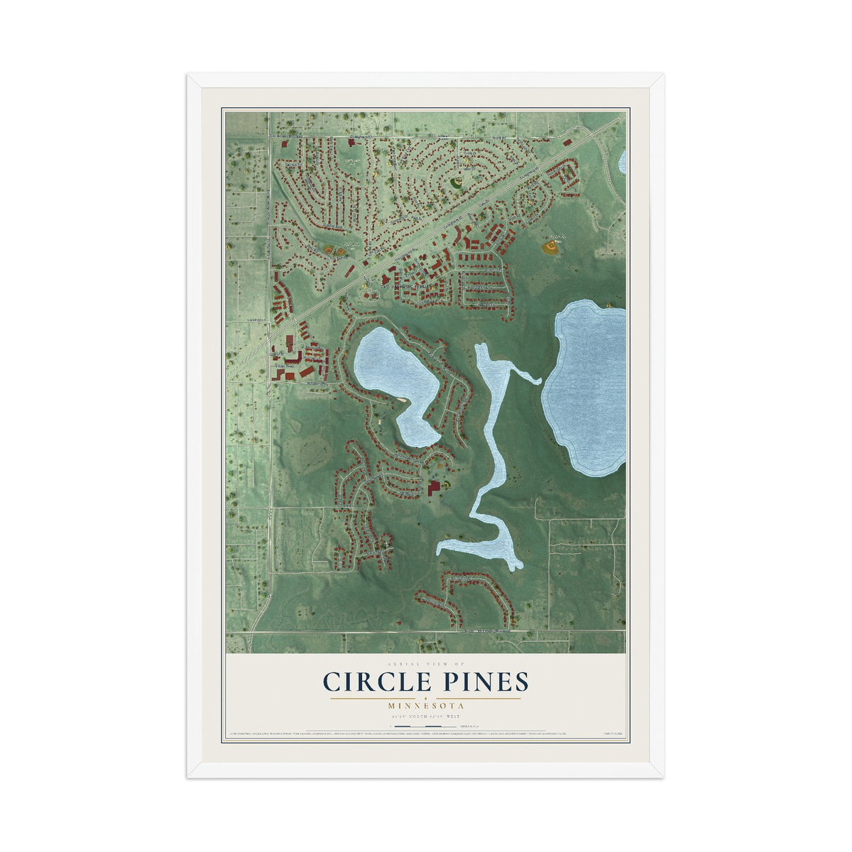 Map of Circle Pines, Minnesota, 12 x 18 inch print in a white wood frame
