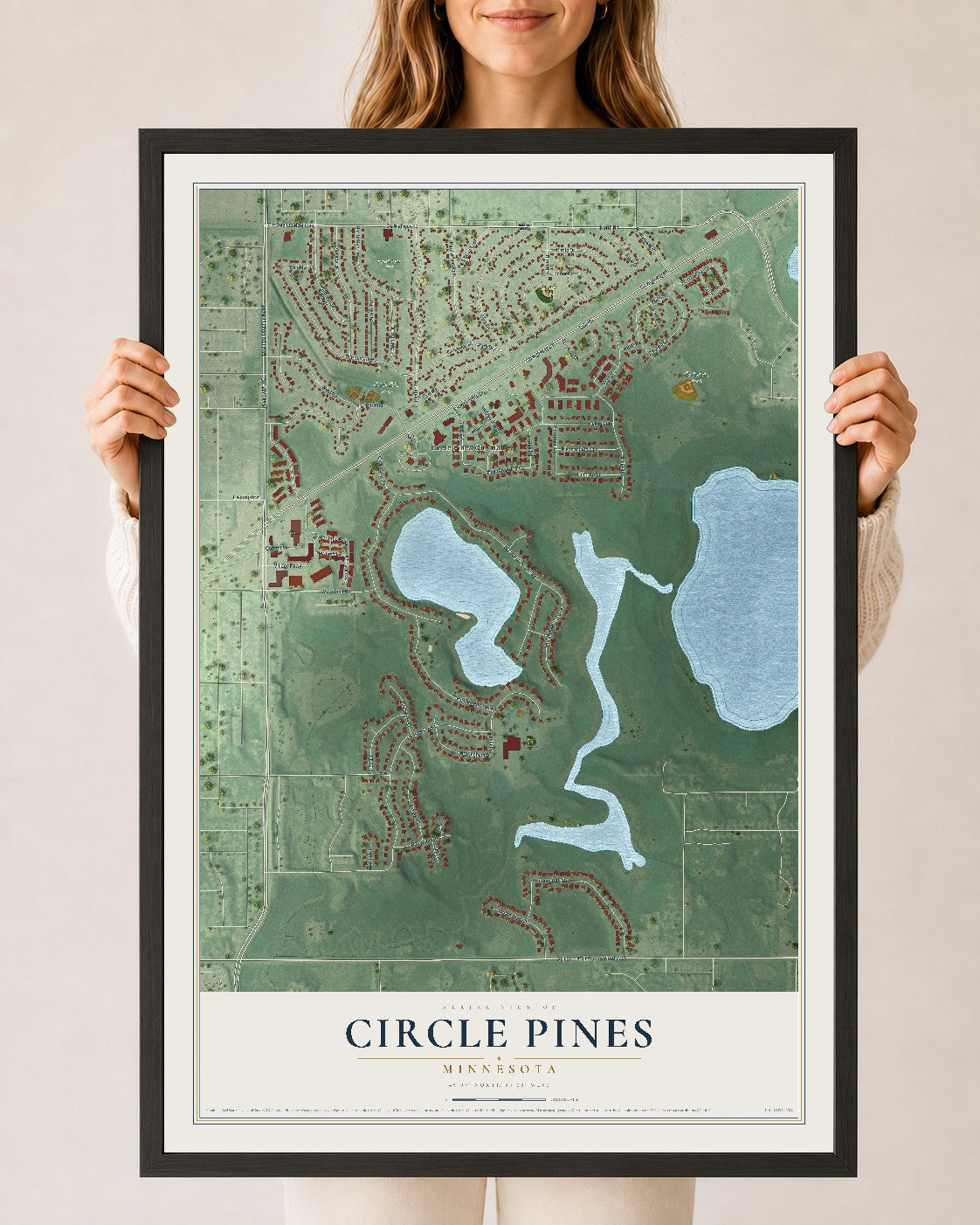 Map of Circle Pines, Minnesota, 24 x 36 inch print in a black wood frame
