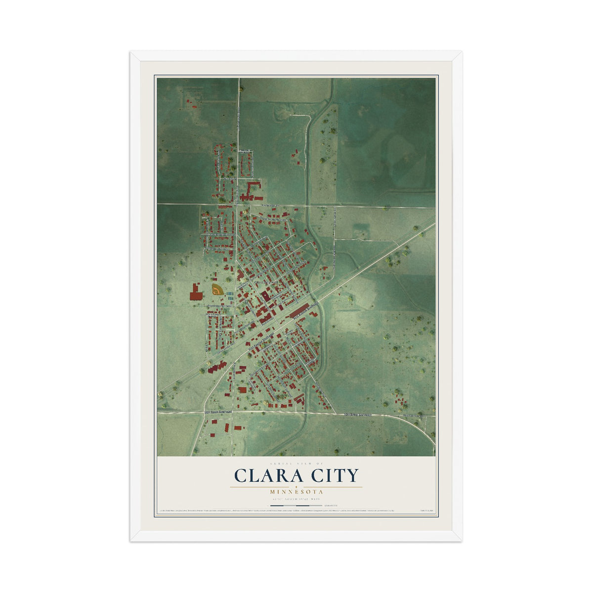 Map of Clara City, Minnesota, 12 x 18 inch print in a white wood frame