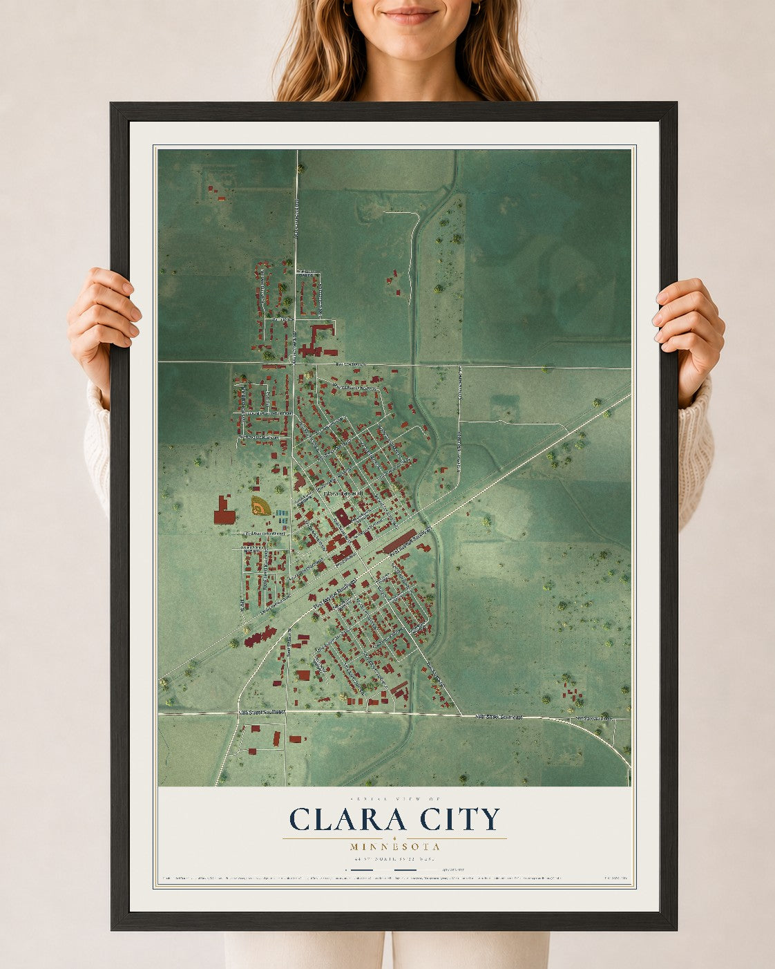 Map of Clara City, Minnesota, 24 x 36 inch print in a black wood frame