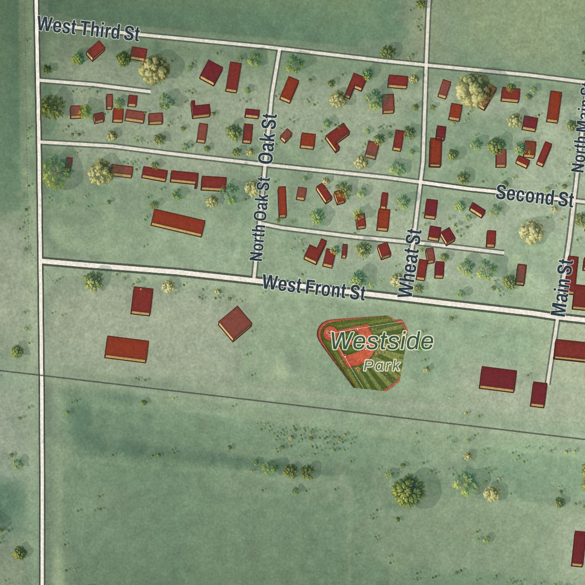 Second close-up of the map of Claremont, Minnesota print showing more streets and buildings