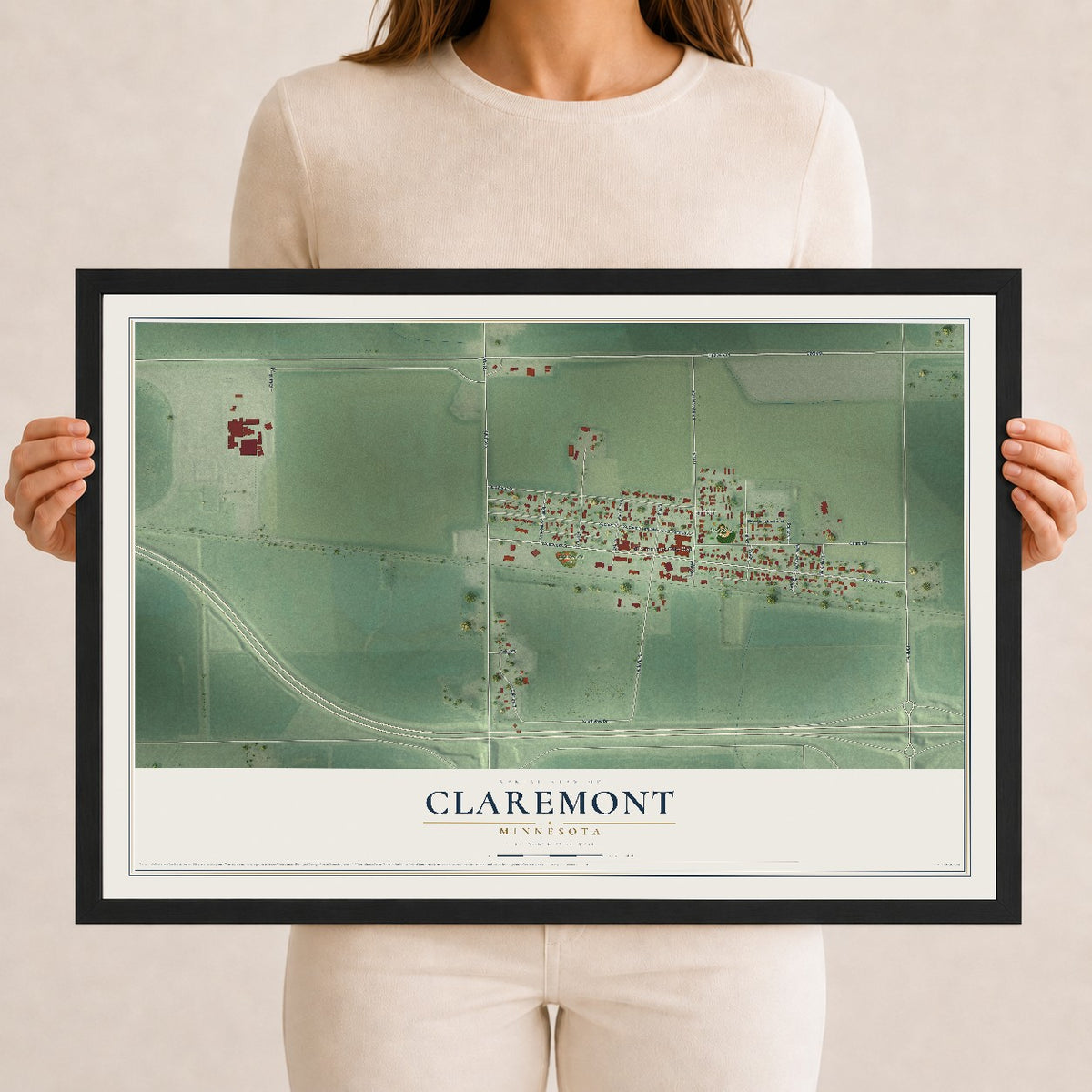 Map of Claremont, Minnesota, 12 x 18 inch print in a black wood frame