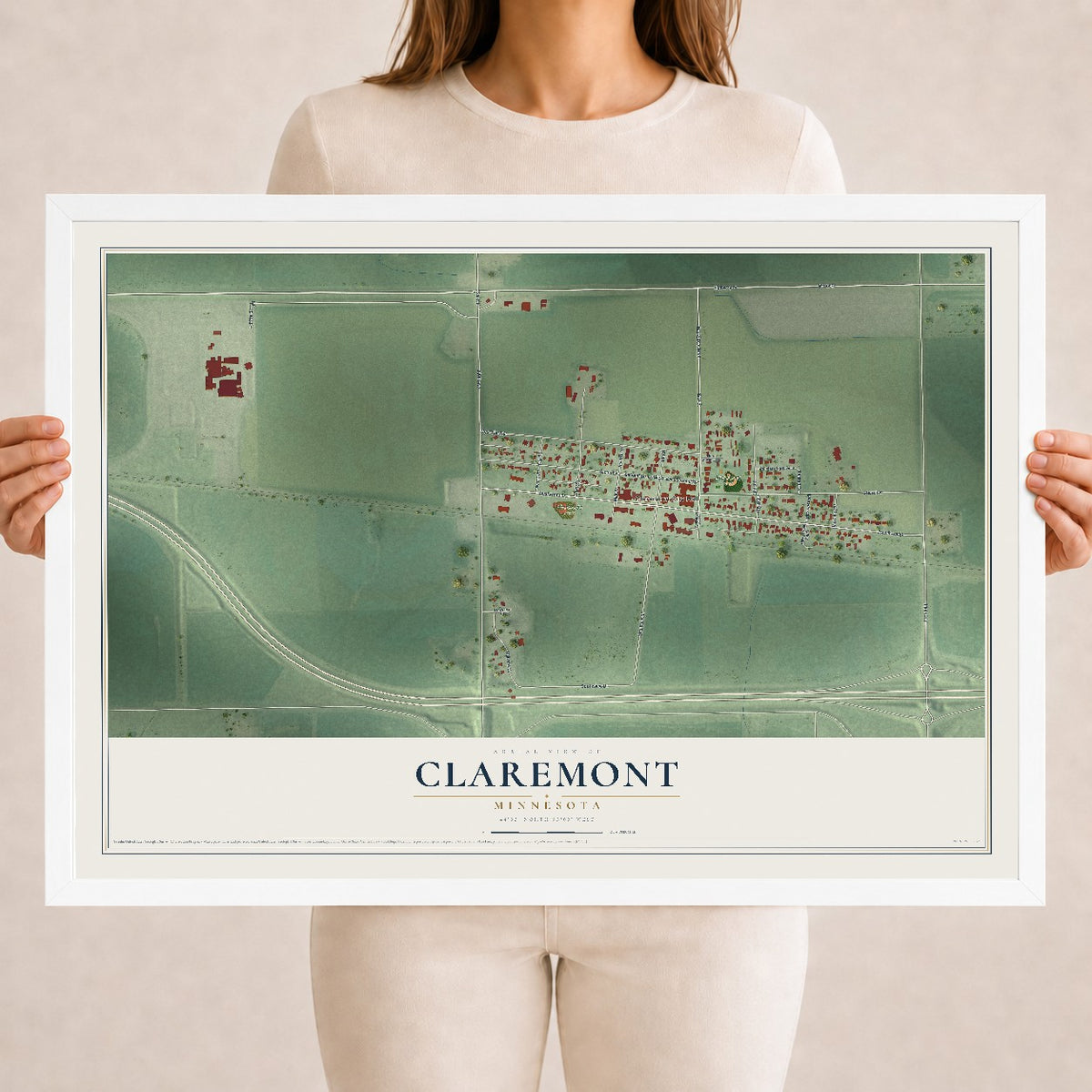 Map of Claremont, Minnesota, 18 x 24 inch print in a white wood frame