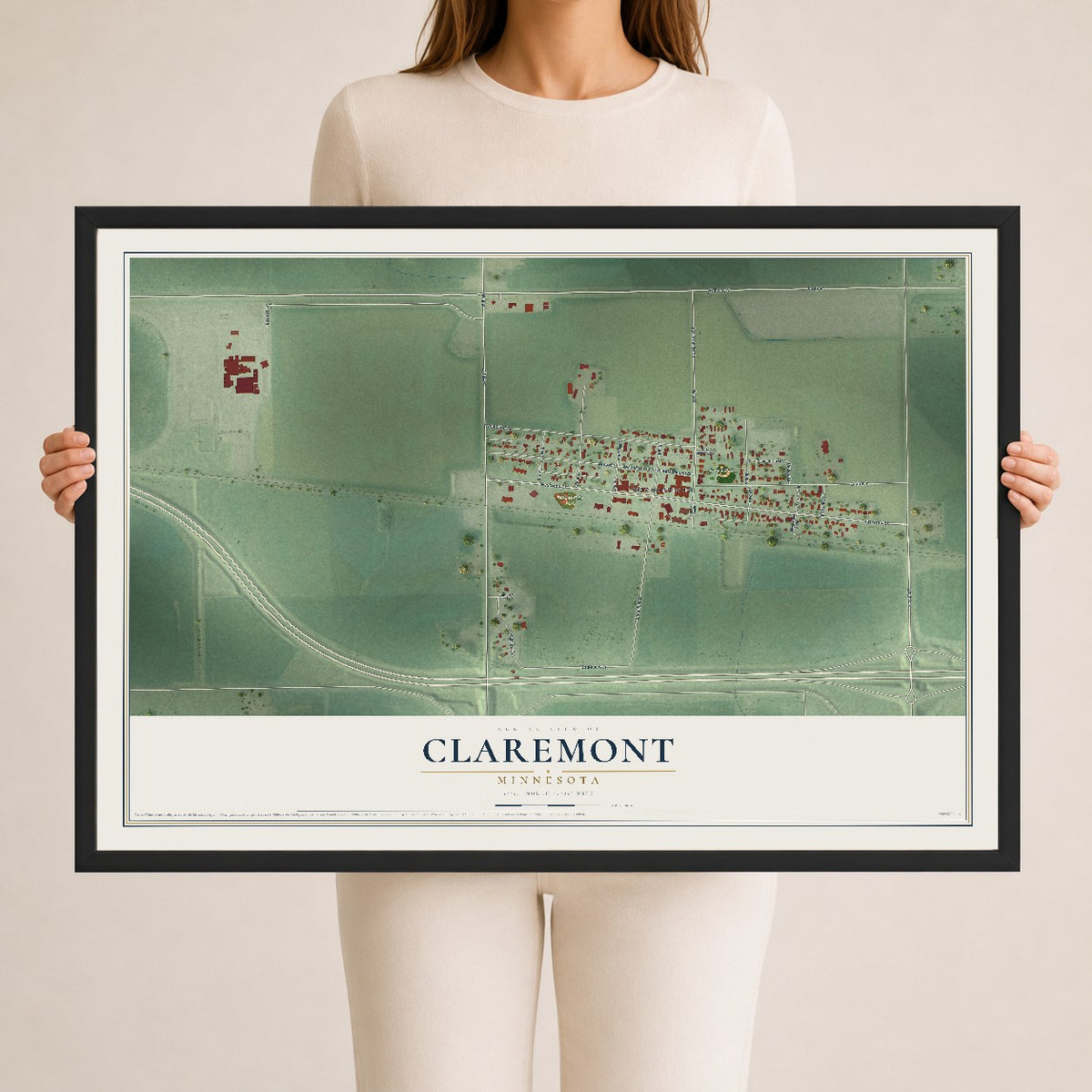 Map of Claremont, Minnesota, 24 x 36 inch print in a black wood frame
