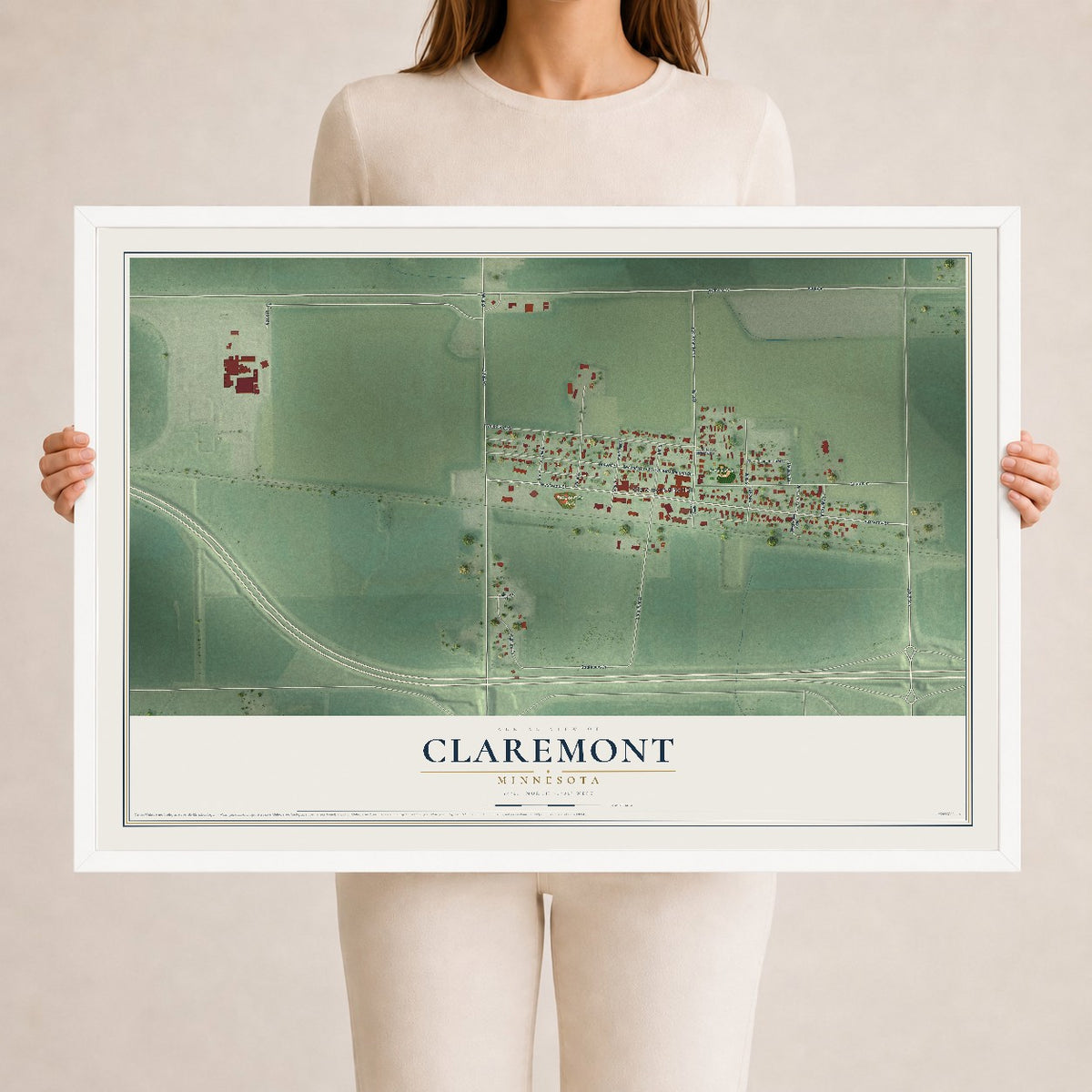 Map of Claremont, Minnesota, 24 x 36 inch print in a white wood frame